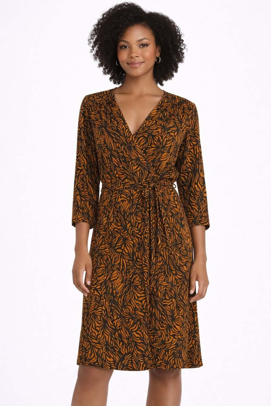 French Connection 3/4 Sleeve Wrap Dress Orange Black Womens Size 8